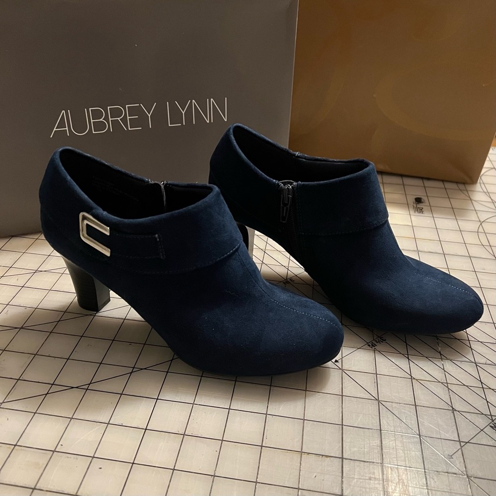 Blue Suede Heeled Boots with Silver Buckle
